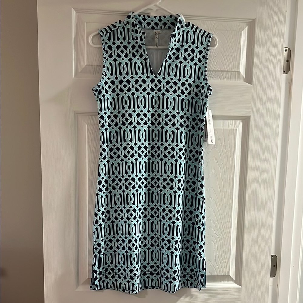 Lulu-B Aqua and Black Geometric Sleeveless Shift Dress